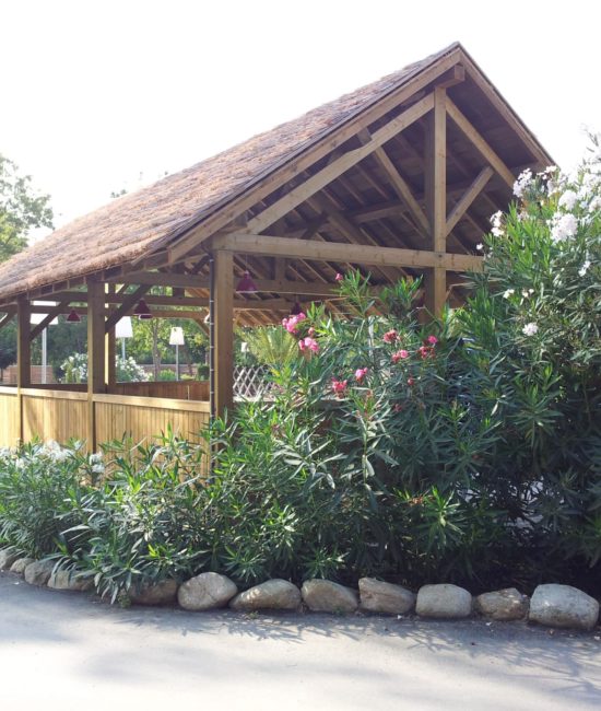 vue sur une charpente en bois avec couverture en roseaux derrière un massif de fleur. Ekolinea est spécialiste des Parasols exotiques et paillotes
