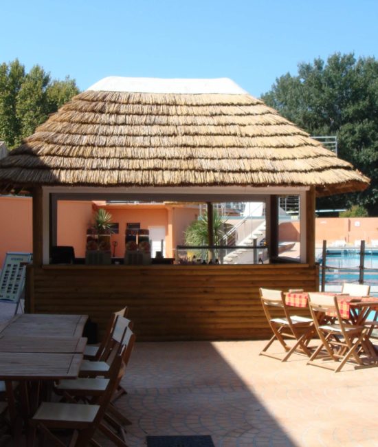 Vue sur une paillote bar Ekolinea. Ekolinea est spécialiste des Parasols exotiques et paillotes.