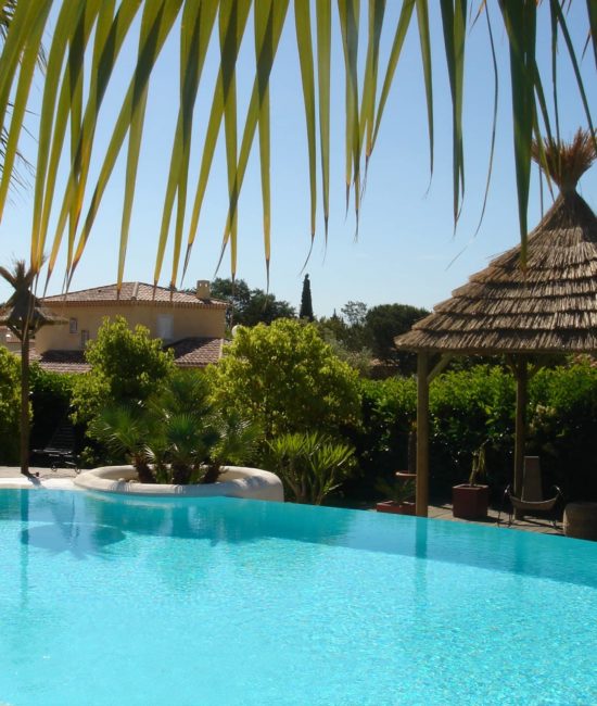 Vue sur une paillote Ekolinea en bord de piscine. Ekolinea est spécialiste des Parasols exotiques et paillotes