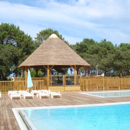 Vue sur une piscine avec à coté une paillote Ekolinea avec une couverture de toit en roseaux. Ekolinea est spécialiste des Parasols exotiques et paillotes.