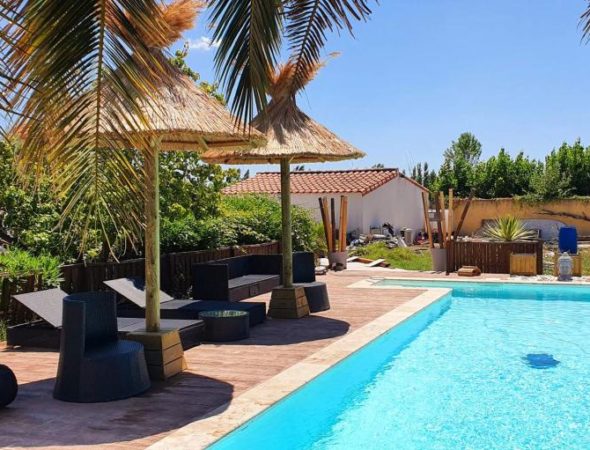 Vue derrière des branches de palmier d'une piscine et de deux parasols exotiques EKOLINEA avec des transats