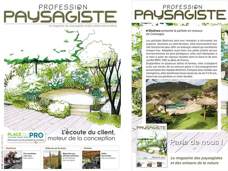 Article "Faites de l'ombre !" dans le magazine Profession Paysagiste, édition juin/juillet 2025. Mise en avant de nos paillotes tropicales en roseau de Camargue.