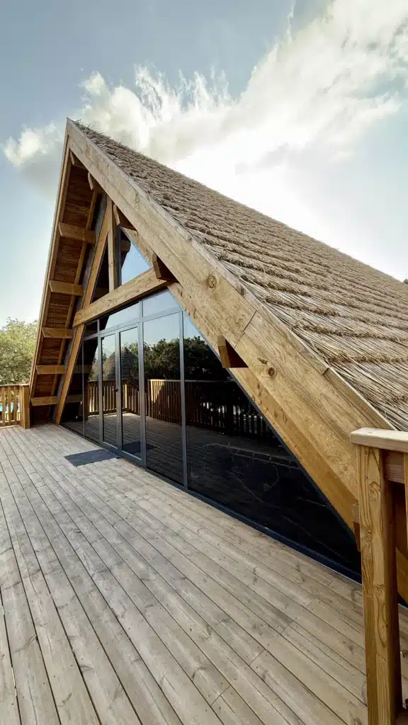 Expertises en ossatures bois et charpentes Ossature en bois et charpente en bois traditionnelle par Ekolinea. Couverture en roseau. de Camargue