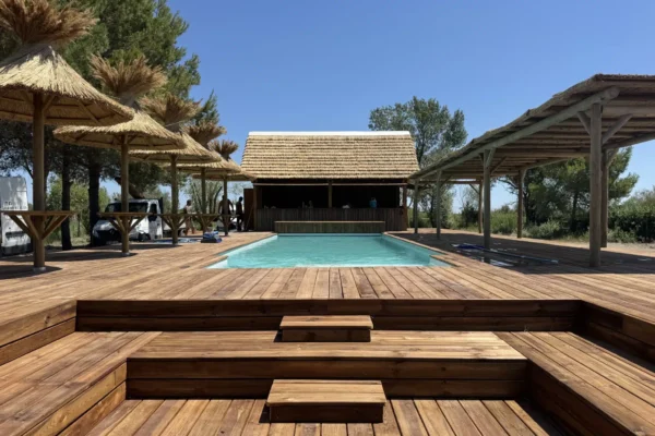 Installation et pose d'une terrasse en bois avec coin cosy banquette intégré. Terrasse en hauteur au Mas de Dard aux Saintes-Maries-de-la-Mer en Camargue