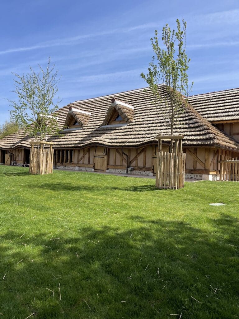 Couverture en roseau Vue latérale de la grande ferme de Bucolia au zooparc de Beauval. Couverture en roseau posée par Ekolinea