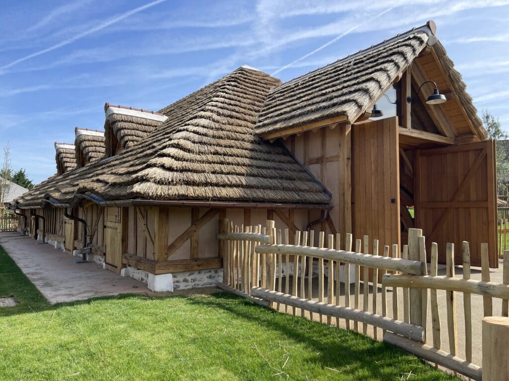 Couverture en roseau de la grande ferme de Beauval Grande ferme de l'espace Bucolia du zoo de Beauval et sa couverture en roseau de Camargue